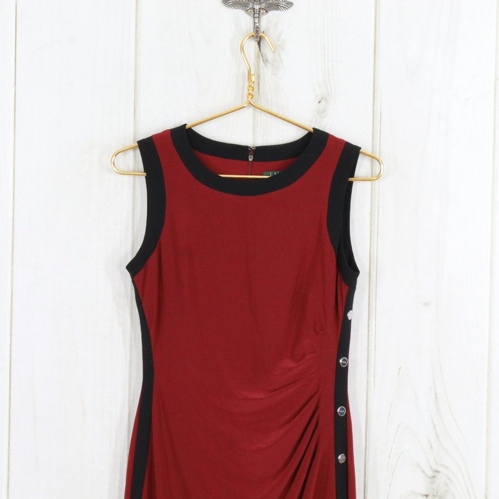Ralph Lauren Red Sleeveless Snap Detailed Ruched Slimming Sheath Dress Size 4 - Picture 2 of 13